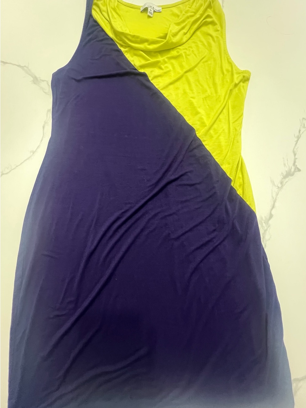 Lucy & Laurel Navy and Lime Diagonal Colorblock Midi Dress